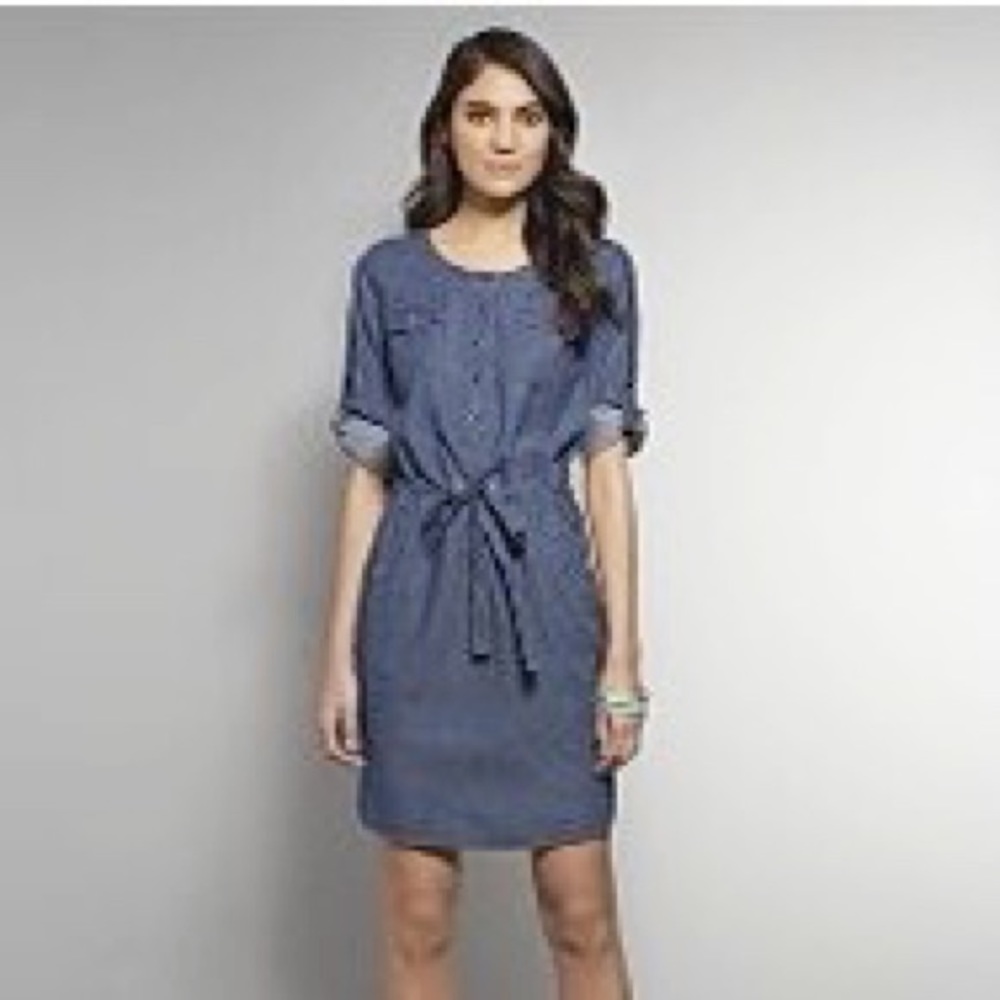 NY & COMPANY Dress Drawstring Waist Shirt Tail Hem Cotton Denim Blue Medium